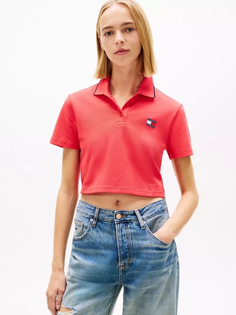 Tommy Hilfiger Coral Cropped Polo Top